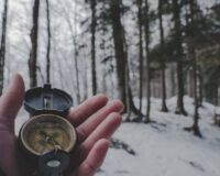 person holding compass in forest